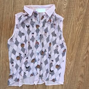 Pink patterned sheer sleeveless collared shirt